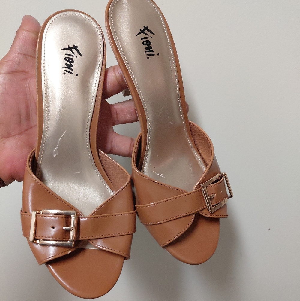 Fioni Camel Colored Brown Faux Leather Buckle Open Toe Heeled Mules 6 - Picture 4 of 13